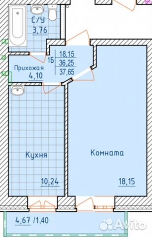 1-к квартира, 37 м², 4/4 эт.