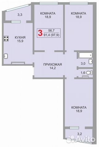 3-к квартира, 97.9 м², 8/10 эт.