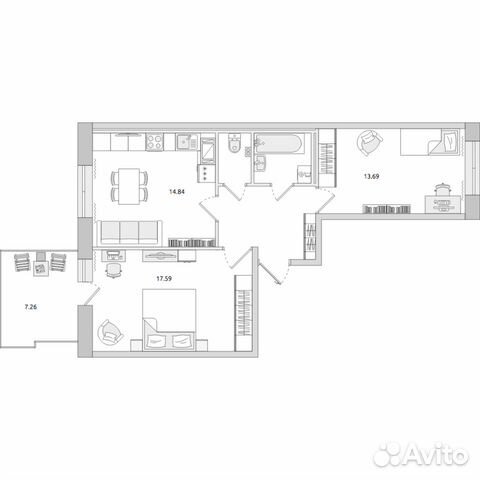 2-к квартира, 65.7 м², 7/15 эт.