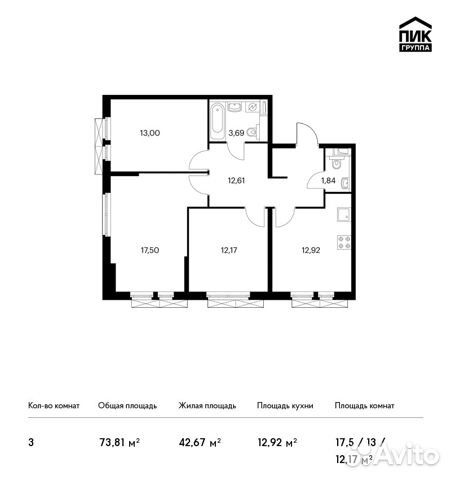3-к квартира, 73.8 м², 2/14 эт.