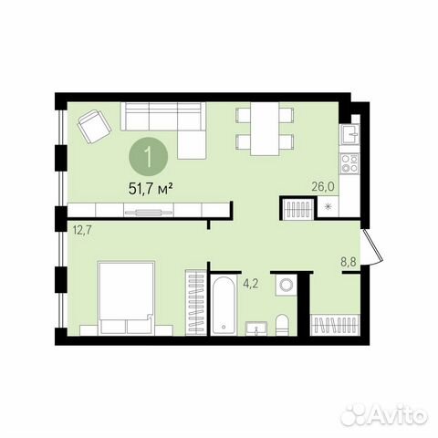 1-к квартира, 51.7 м², 12/17 эт. 1-к квартира, 51.7 м², 12/17 эт.