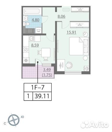 1-к квартира, 39.1 м², 15/25 эт.