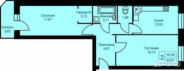 2-к квартира, 63.9 м², 4/9 эт.