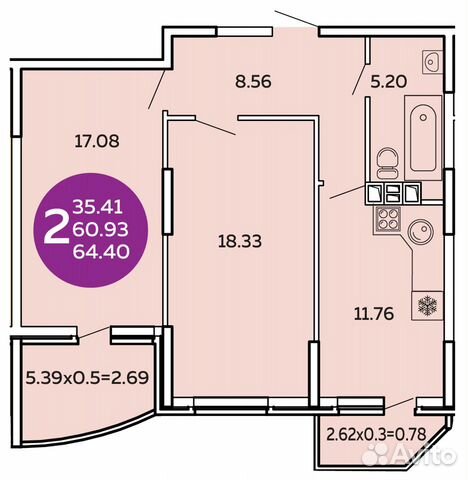 2-к квартира, 64.4 м², 7/17 эт.