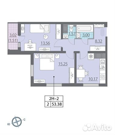 2-к квартира, 53.4 м², 19/25 эт.