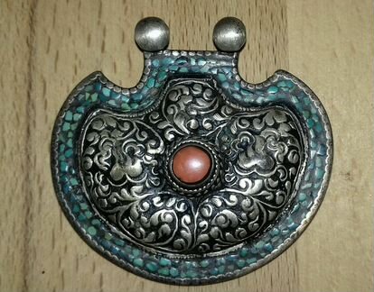 Антикварная подвеска Тибет серебро, коралл, бирюза