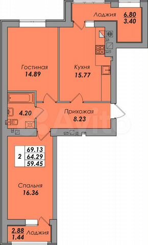 2-к. квартира, 69,1 м², 2/8 эт.