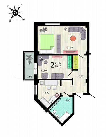 2-к. квартира, 58,5 м², 4/9 эт.