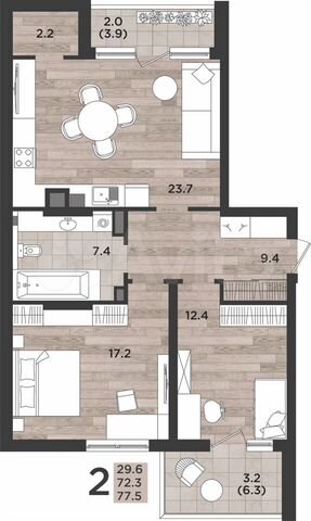 2-к. квартира, 77,5 м², 2/12 эт.