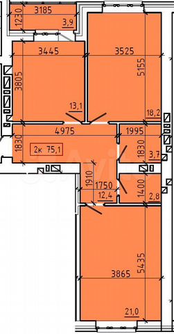 2-к. квартира, 75,1 м², 6/9 эт.