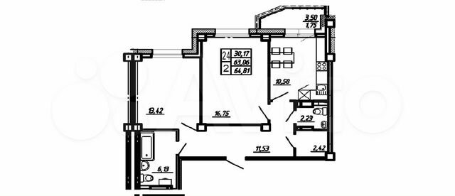 2-к. квартира, 64,8 м², 4/12 эт.