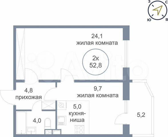 2-к. квартира, 52,8 м², 4/4 эт.