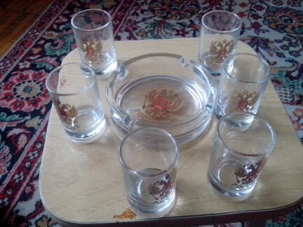 Гусь -Хрустальный. Набор стопок с пепельницой