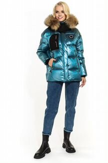 Блестящий пуховик с мехом 021-105 р.46 новый