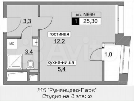 Квартира-студия, 25.3 м², 8/22 эт.