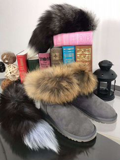Угги серые замша кожа натуральные мех лисы